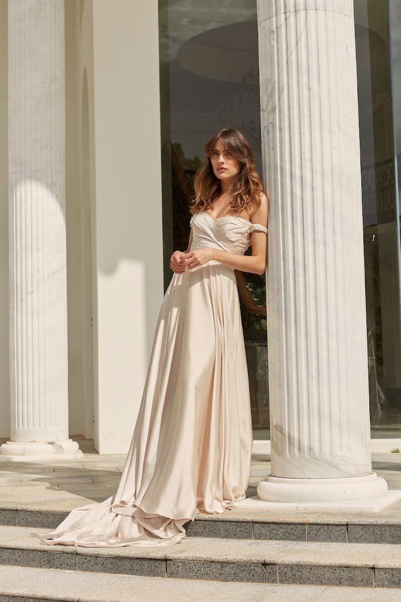Flowing champagne satin gown