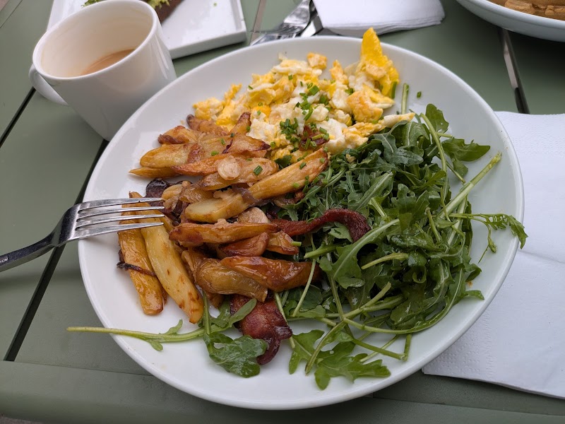 Hearty breakfast plate, fresh greens