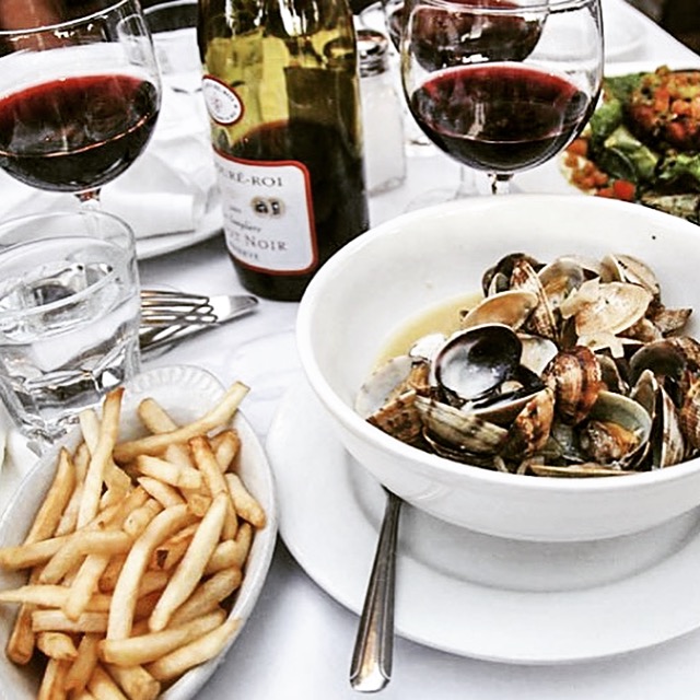 Clams, frites, and wine