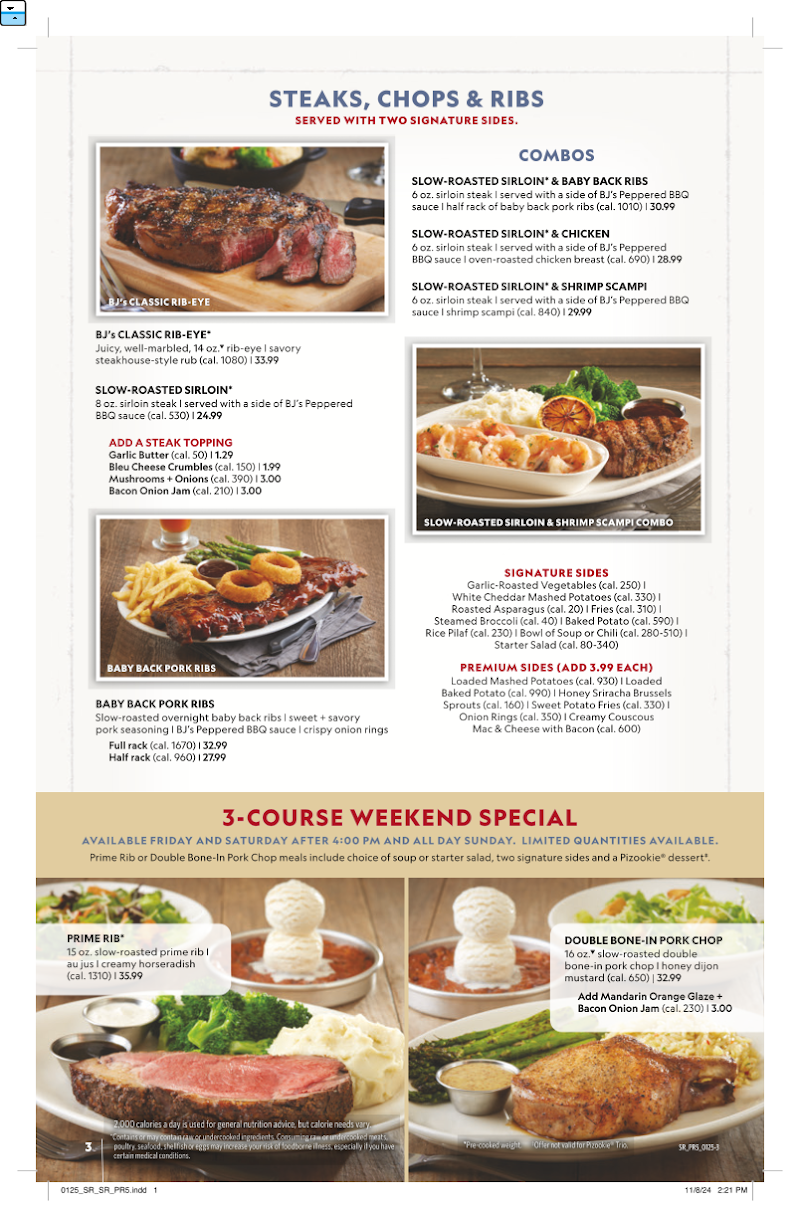 Steaks, ribs, weekend specials menu
