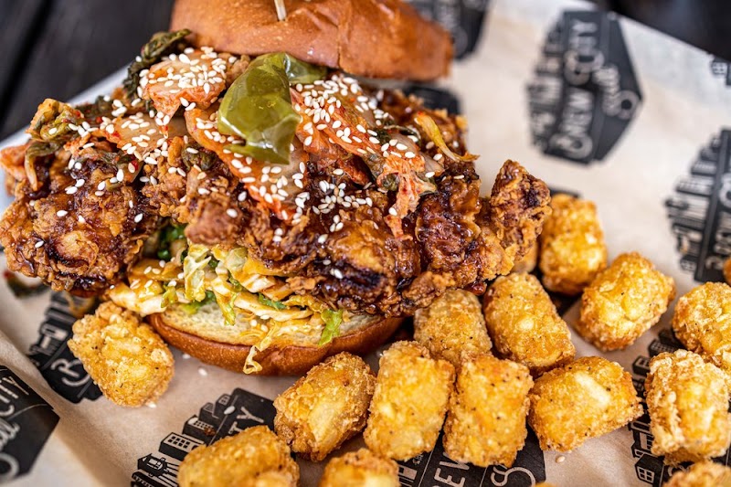 Crispy sandwich, golden tots