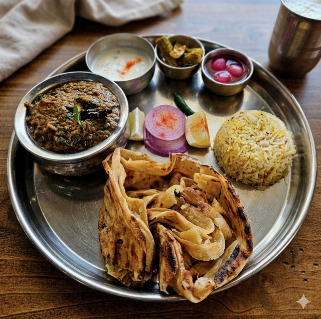 Layered paratha, rich curry