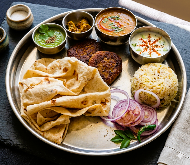 Roti, kebabs, rice thali