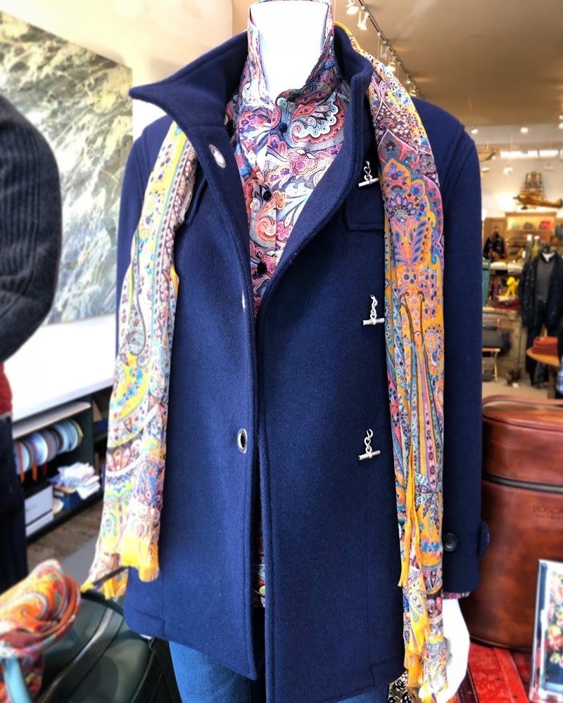 Navy coat, bold paisley