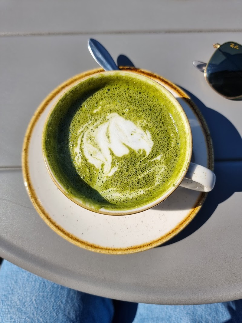 Matcha latte, sunny terrace