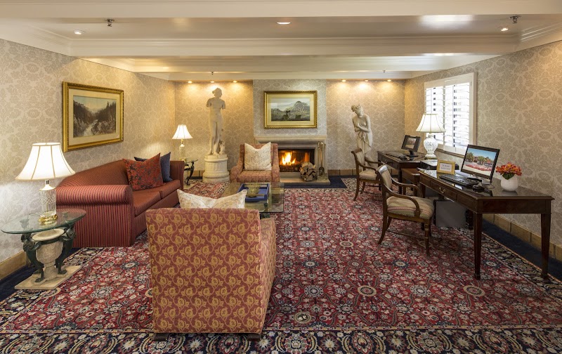 Warm lobby lounge with fireplace