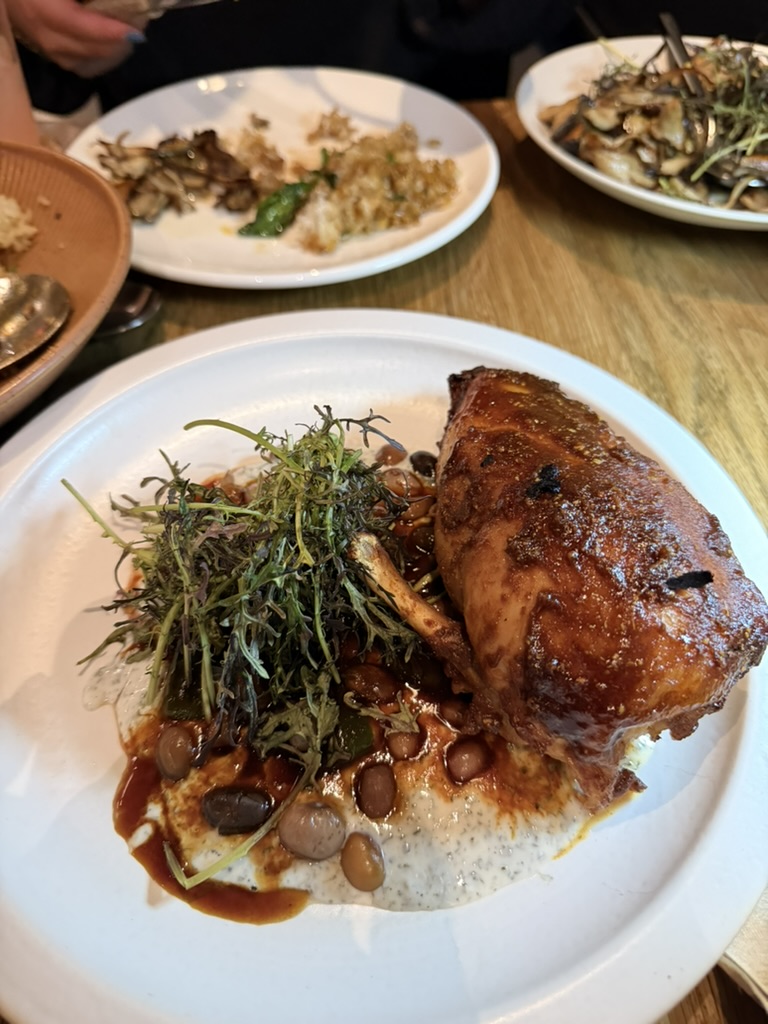 Glazed chicken, braised beans