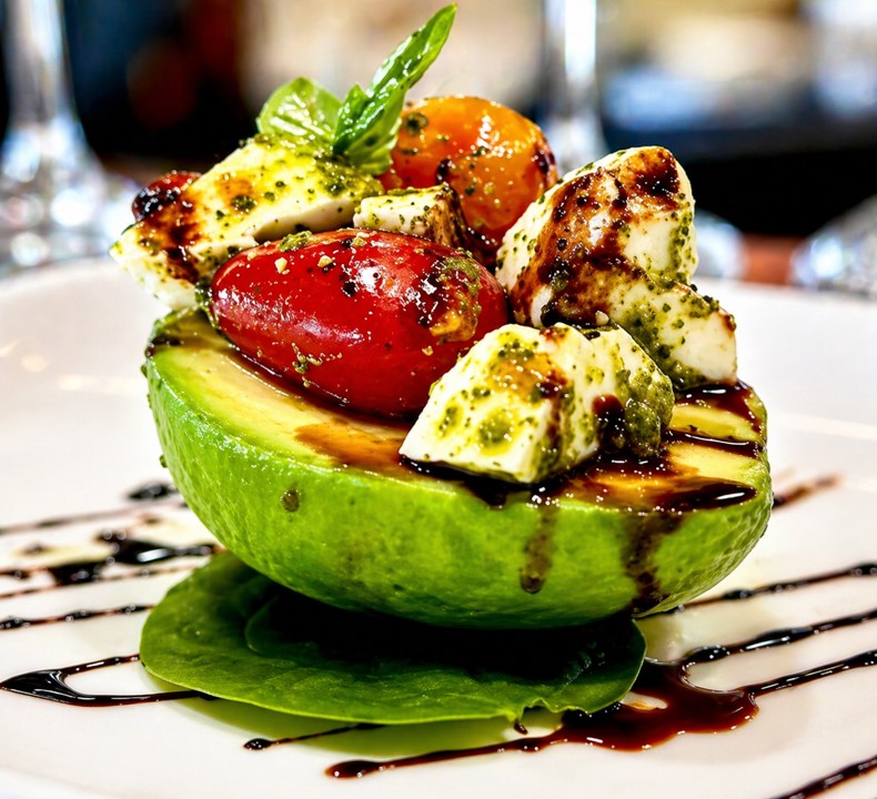 Avocado caprese, balsamic drizzle