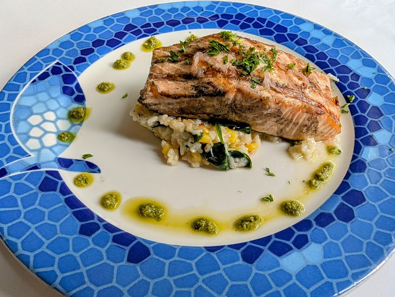 Grilled salmon, herbed risotto