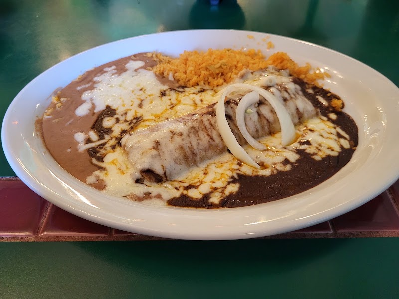Smothered burrito, rice and beans