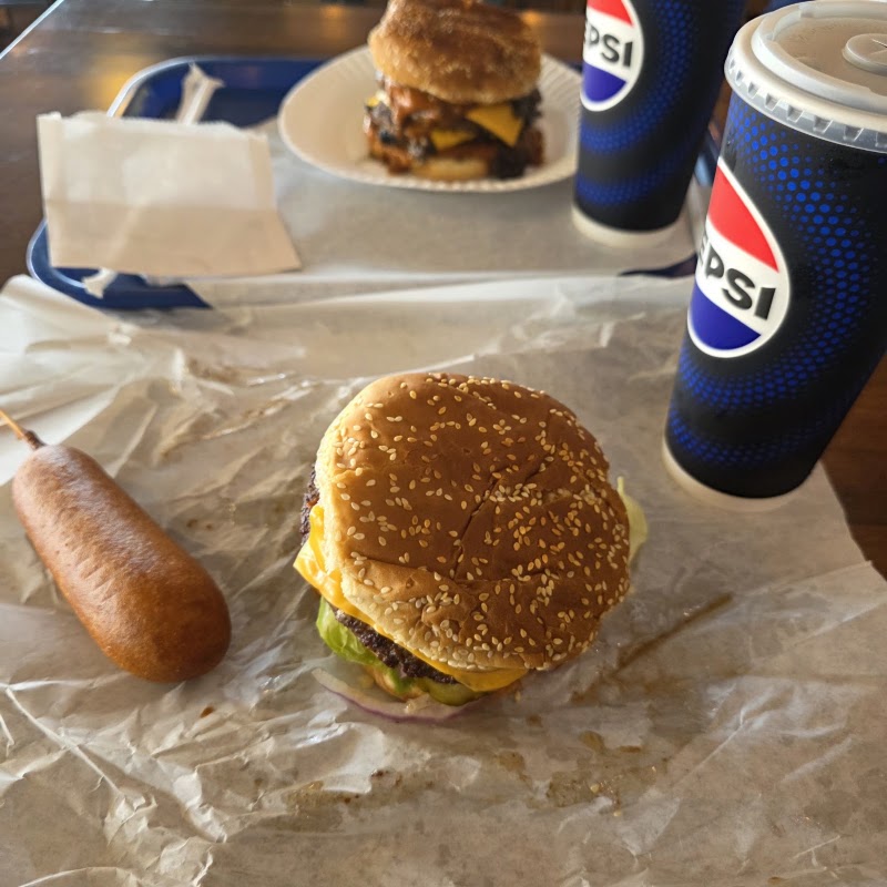 Burgers, corn dog, drinks