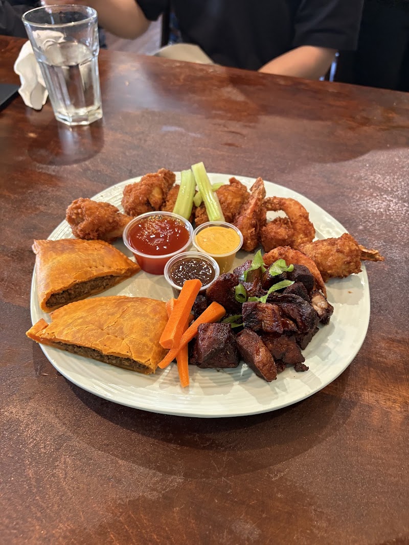 Fried platter with dipping sauces