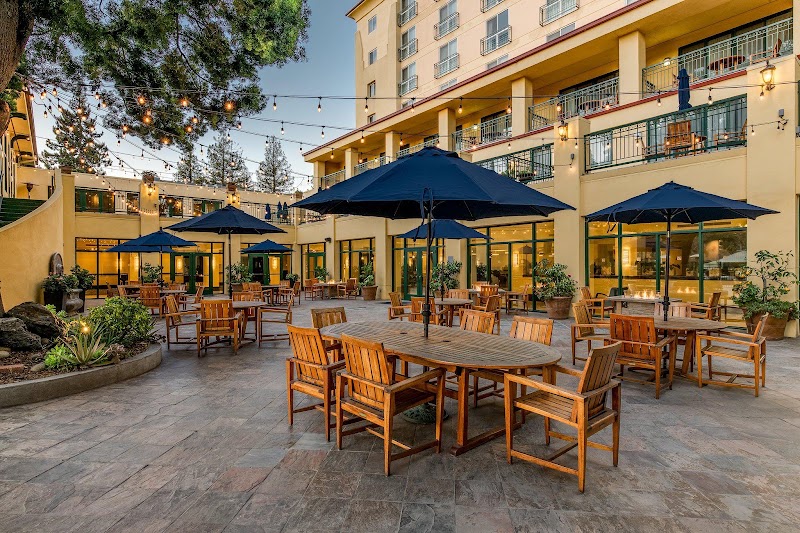 Courtyard dining under string lights