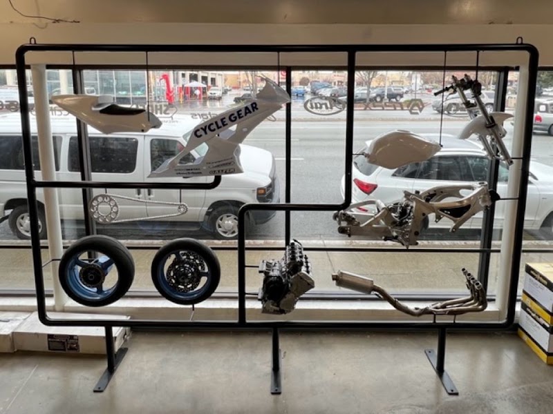 Motorcycle components, artfully displayed