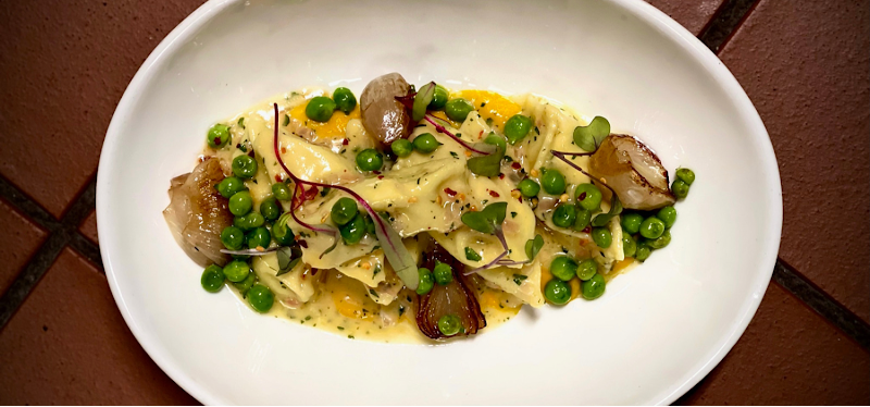 Fresh pea pasta plate