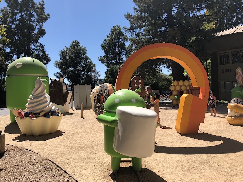 Android statues outdoor plaza