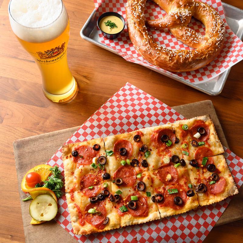Pretzels, pizza, cold beer