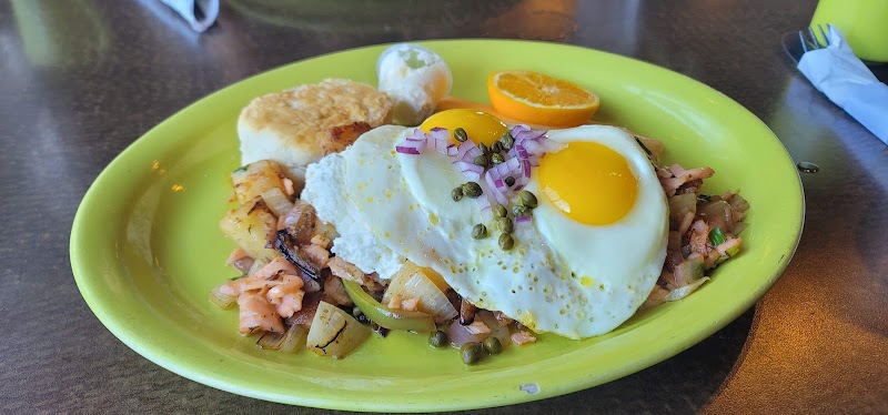 Salmon hash, sunny-side up