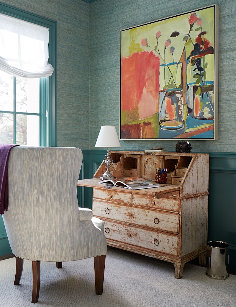 Colorful study with antique desk