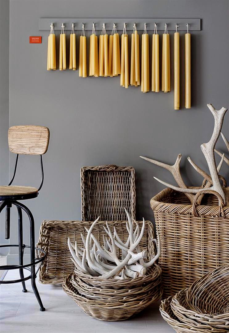 Beeswax candles, woven baskets