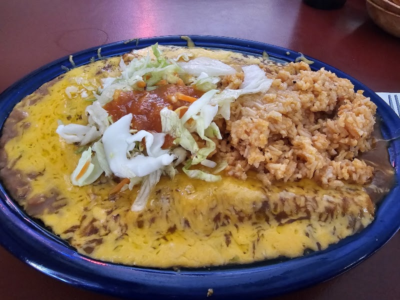 Cheesy enchilada plate, rice