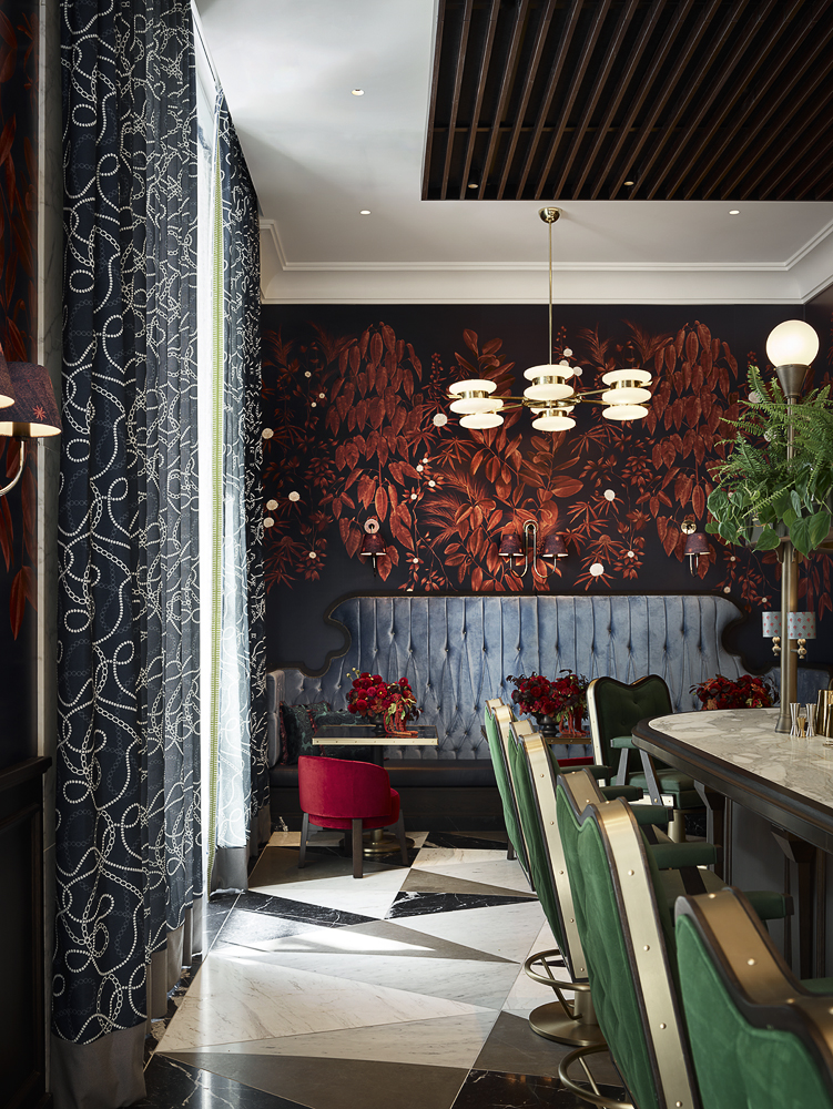 Dramatic botanical mural dining lounge