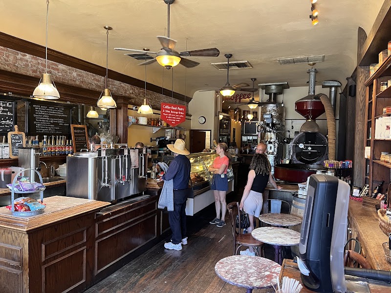Busy counter, warm roastery feel