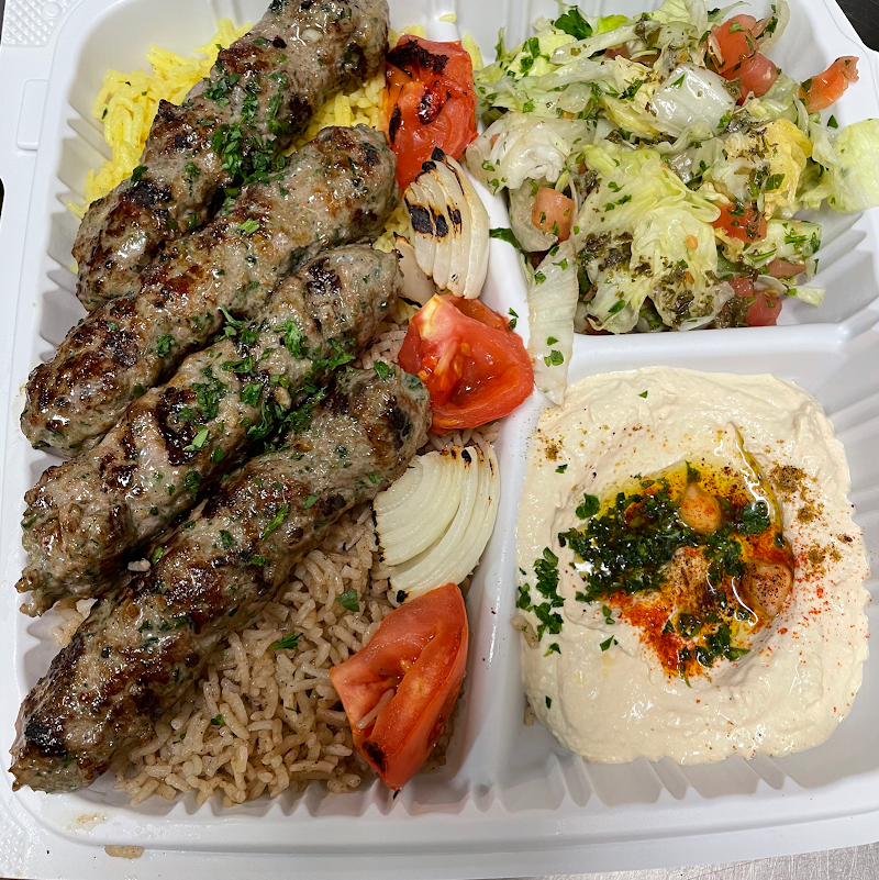 Grilled kabob plate with hummus