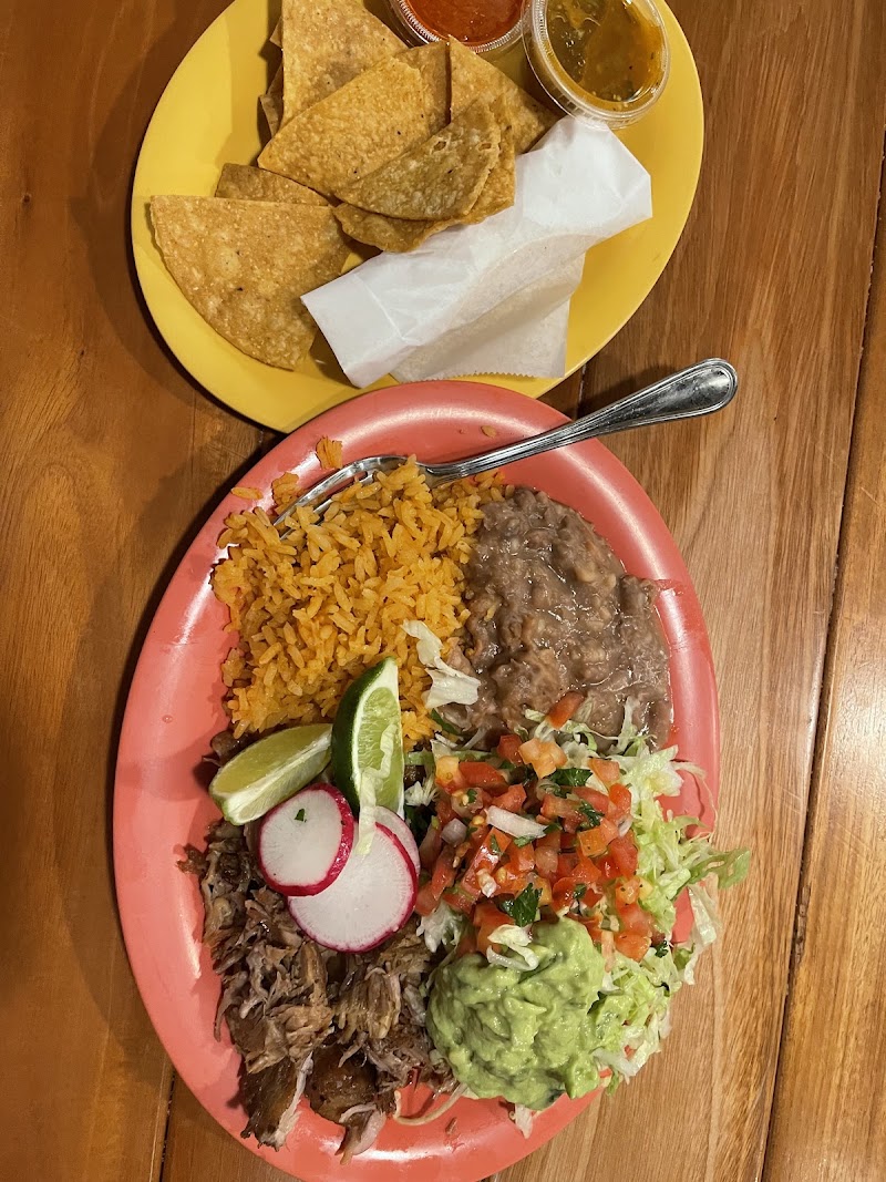 Carnitas plate, chips and salsa