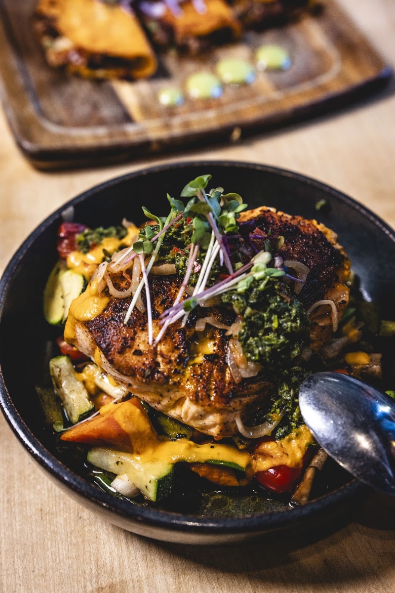 Seared salmon, vibrant accompaniments