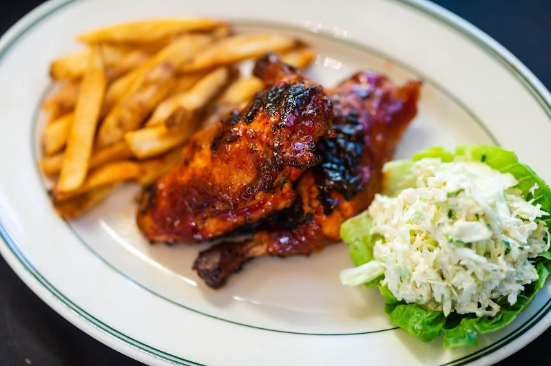 BBQ chicken, fries, coleslaw
