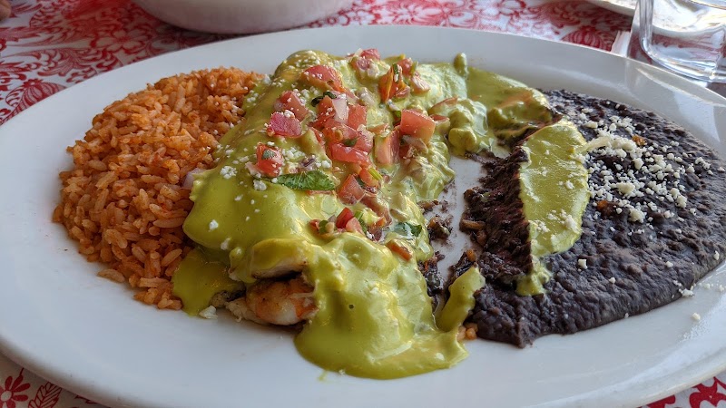 Shrimp enchiladas, rice, beans