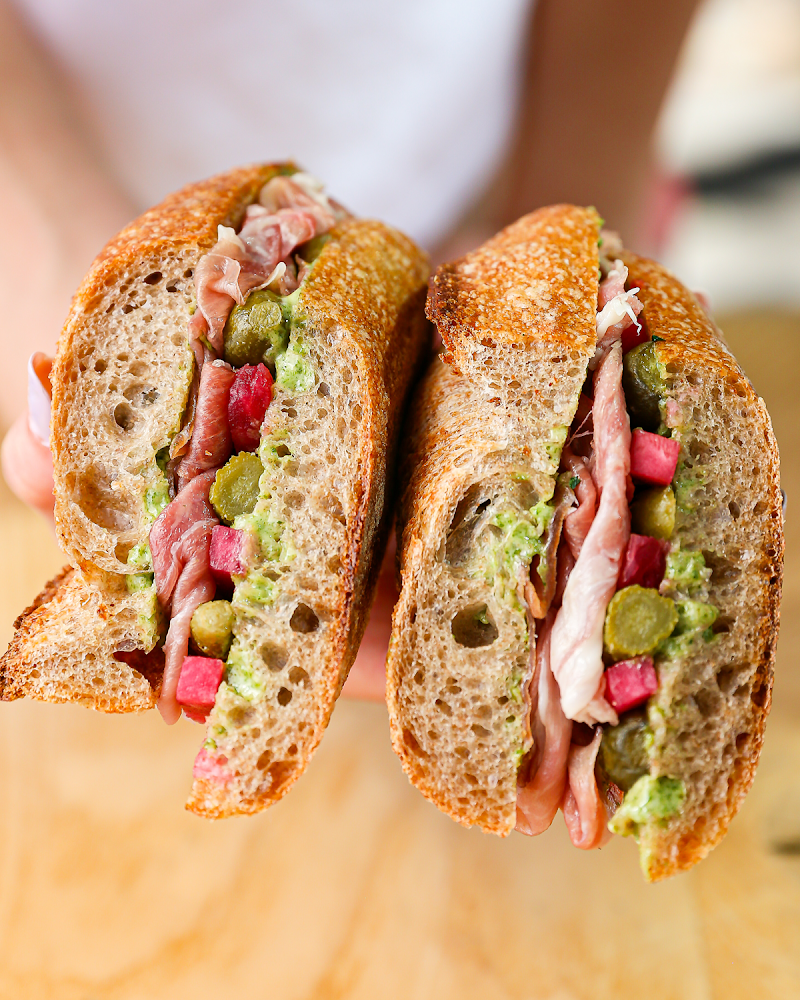 Hearty sandwich on rustic bread