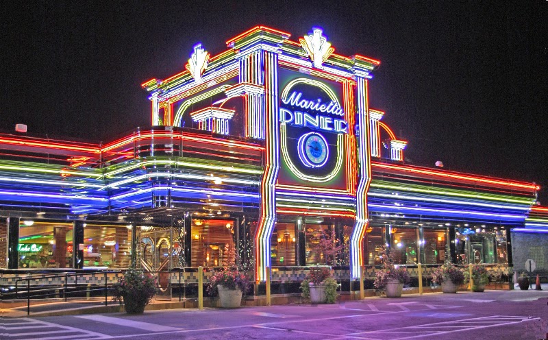 Neon lights, nighttime glow