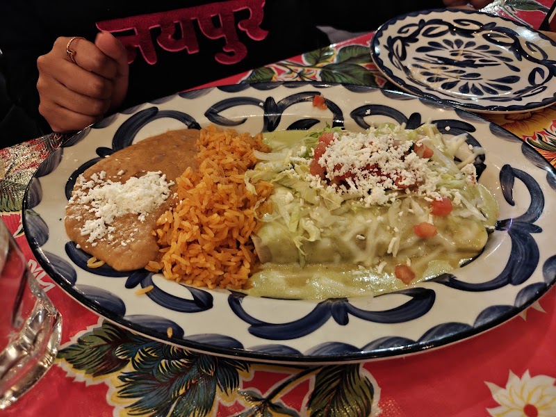Green enchiladas, rice and beans