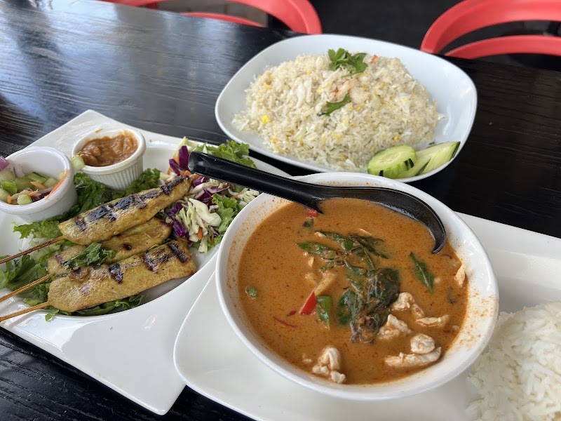 Curry, satay, fried rice spread