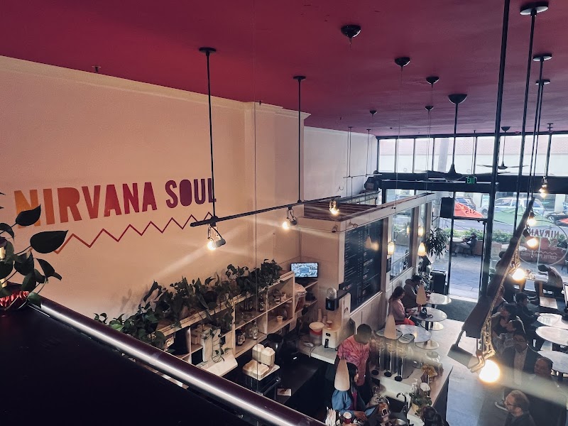 Two-level café, lively crowd