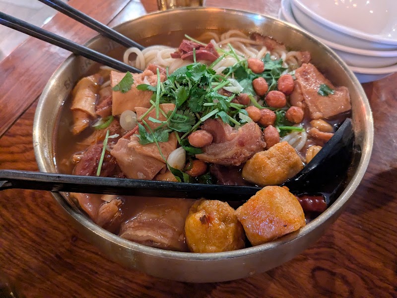Hearty noodle soup bowl