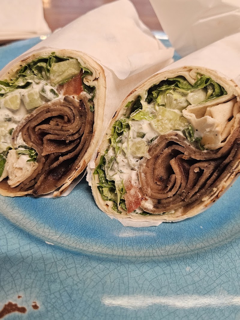 Shawarma wrap, sliced open