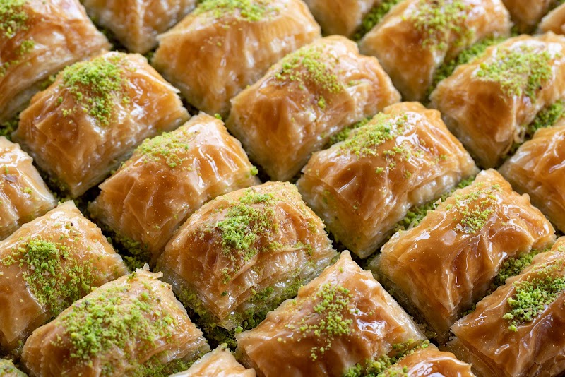 Fresh pistachio baklava trays