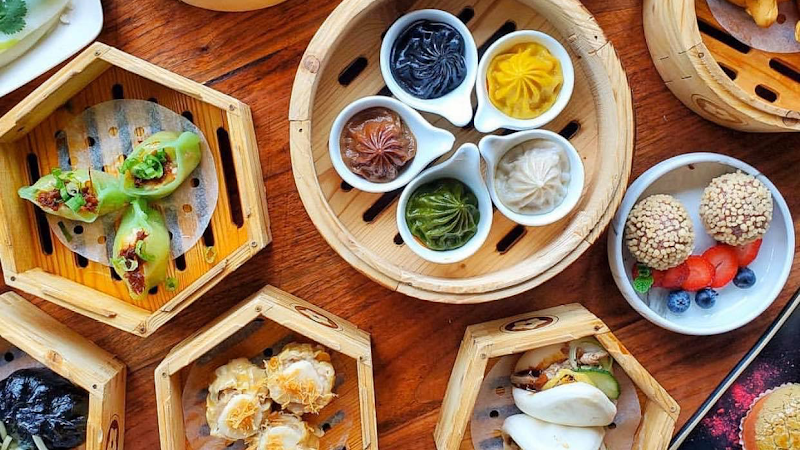Colorful dim sum spread