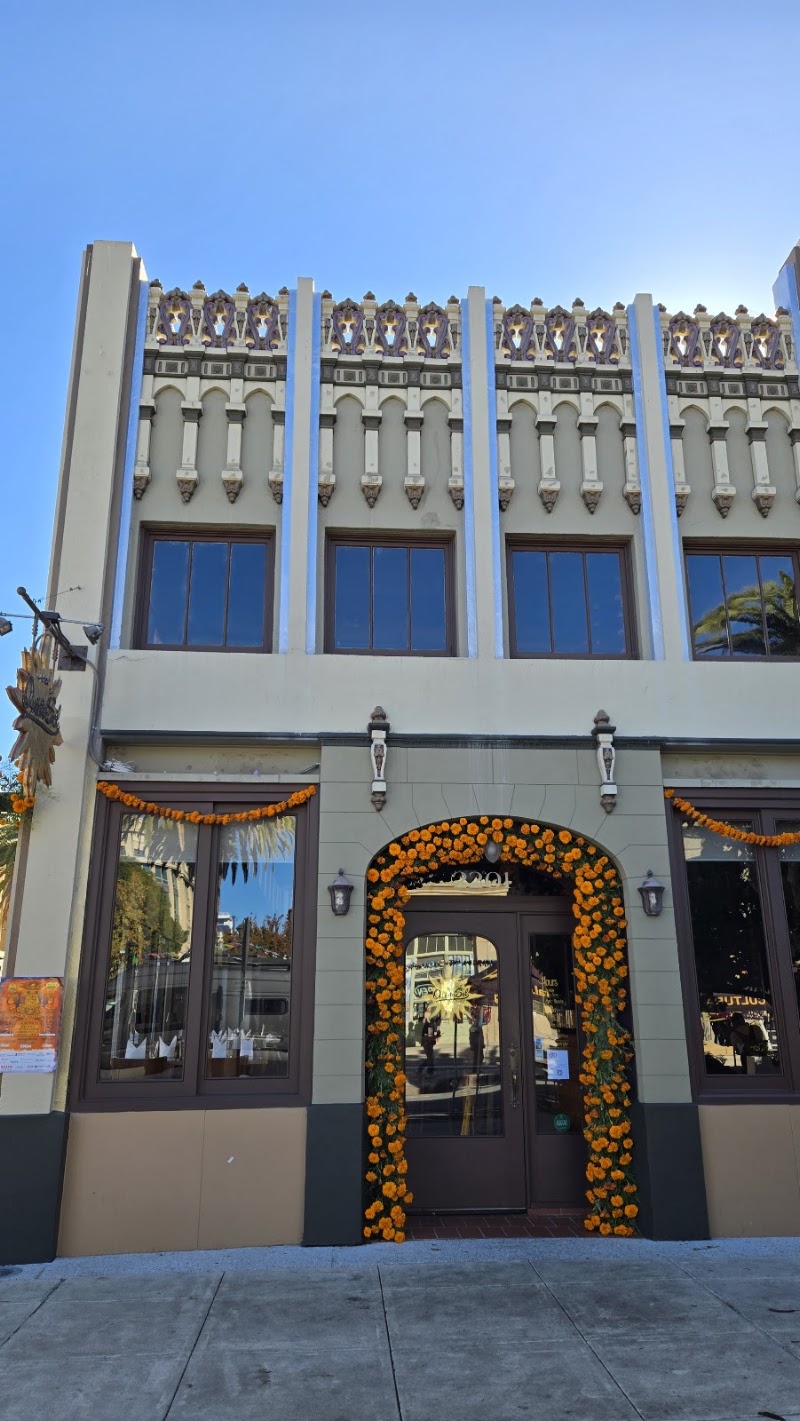 Marigold-adorned historic entrance