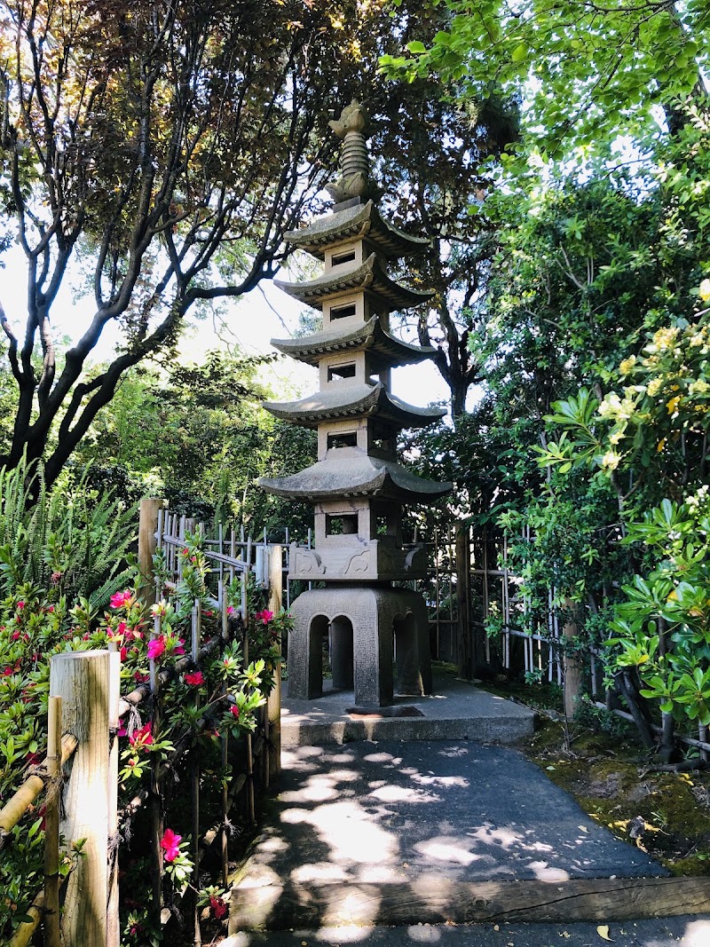 Pagoda path through blooming garden