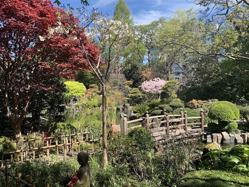 Blooms along stone bridge