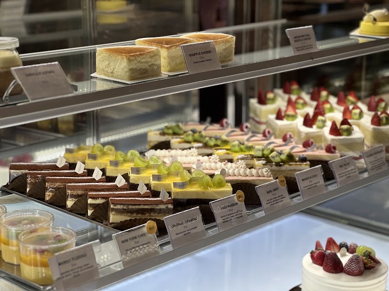Layered cake slices on display
