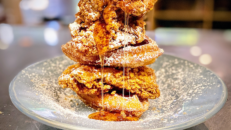Chicken and waffles, drizzled