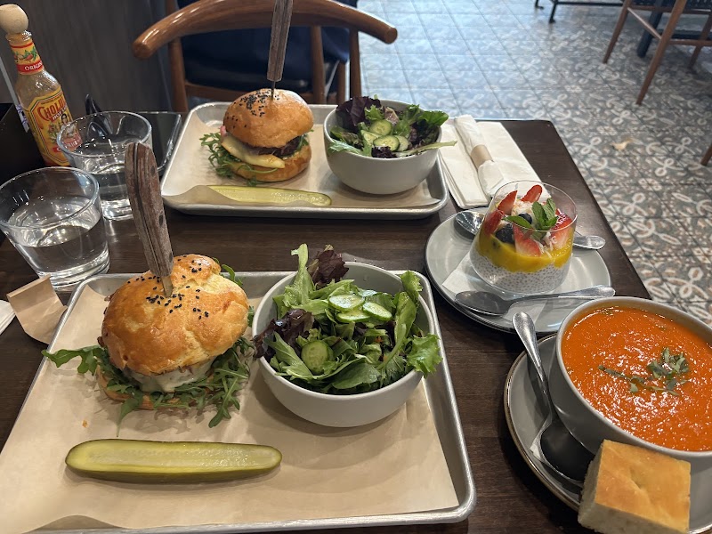 Burgers, salads, soup spread