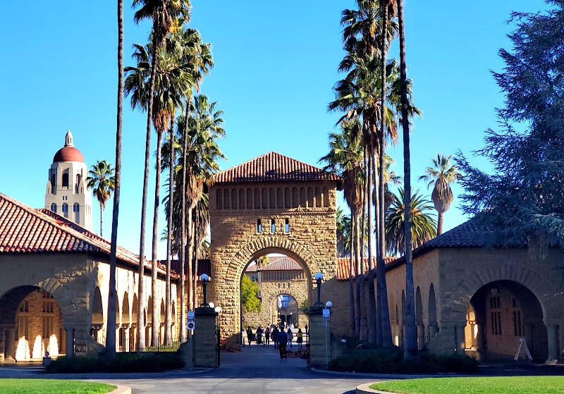 Palm-lined campus entrance arch