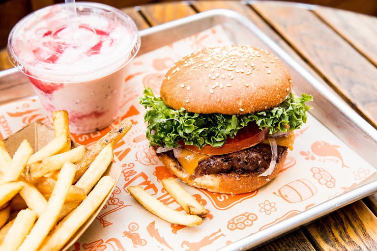 Burger, fries, shake trio