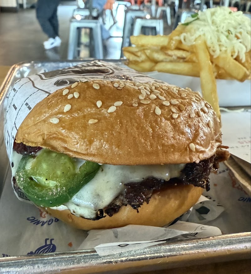 Loaded burger, garlic fries
